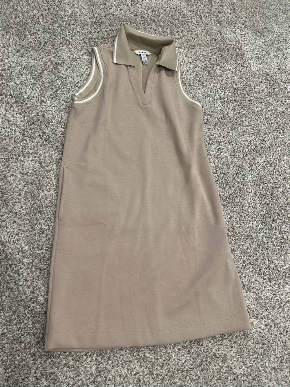 SPANX Sleeveless Polo Dress in Taupe with Cream Trim